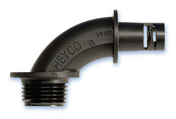 Heyco 3/8" 90° Elbow Liquid Tight Tubing Fitting, NPT 3/8 Thread, 2.74" L, Nylon, Black