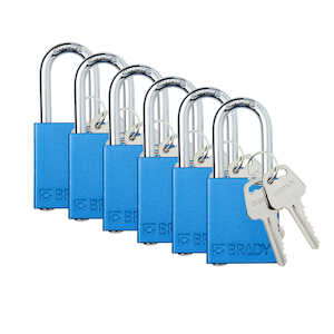 Brady Aluminum Safety Lockout Padlocks, 1.5" Steel Shackle, Keyed Alike, Blue, 6/Pack