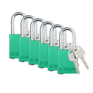 Brady Aluminum Safety Lockout Padlocks, 1.5" Steel Shackle, Keyed Alike, Green, 6/Pack